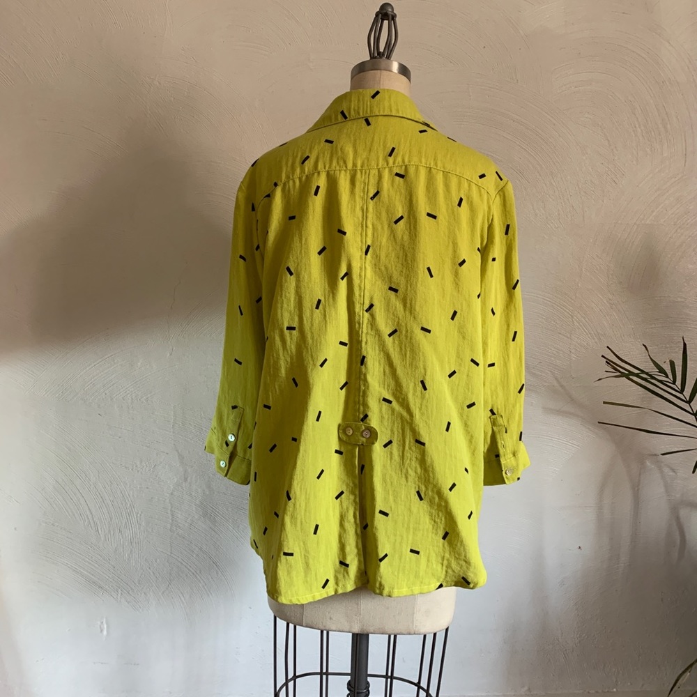 LINEN FRIDAZE maximalist button up tunic neon chartreuse lime with pop geometric - Picture 3 of 10
